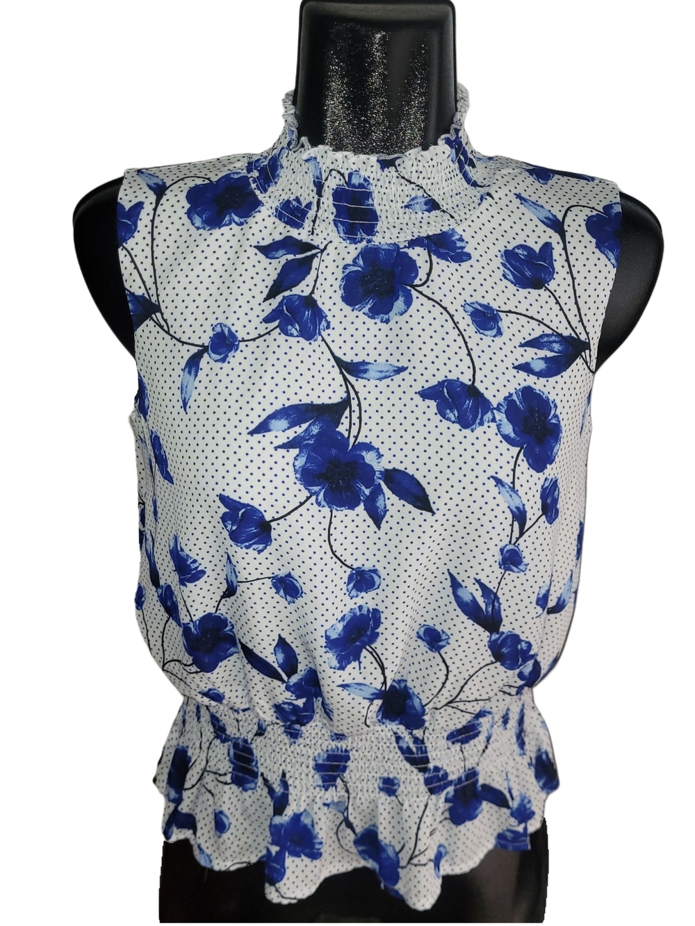 Suzy Shier Sleeveless White & Blue Floral Smocked Neck Peplum Top - Picture 1 of 6